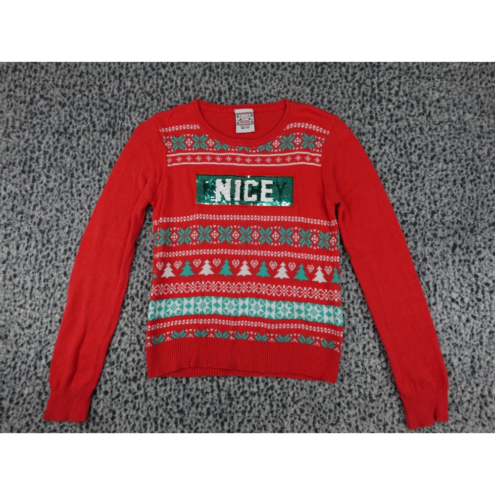 Well Worn Holiday Sweater Kids‎ Medium 7-8 Red Reversible Sequin Naughty Nice